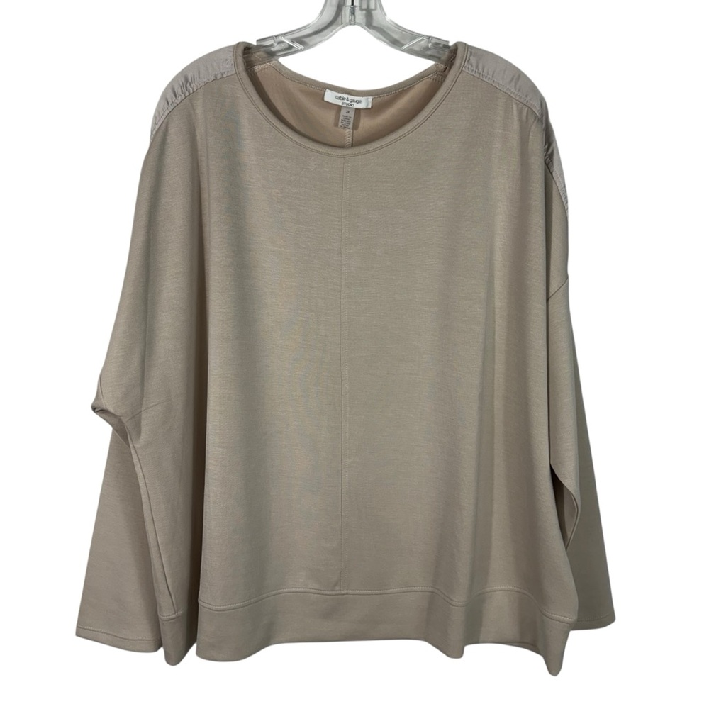 Cable & Gauge Beige Silky Shoulder Detail Long Sleeve Scuba Knit Blouse Plus 2X